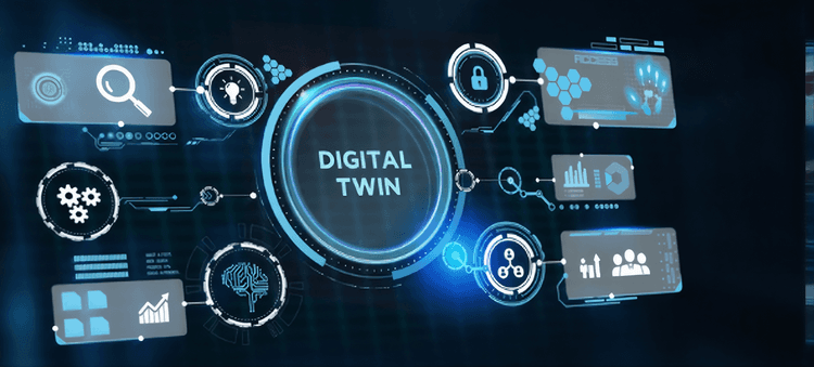 Digital twin technology visualizing real-time industrial operations, analytics, and system interactions.